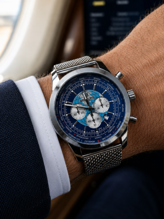 BREITLING TRANSOCEAN CHRONOGRAPH UNITIME 46 MM – MALLA MILANESA EN ACERO