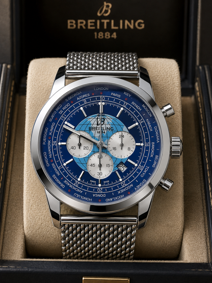 BREITLING TRANSOCEAN CHRONOGRAPH UNITIME 46 MM – MALLA MILANESA EN ACERO