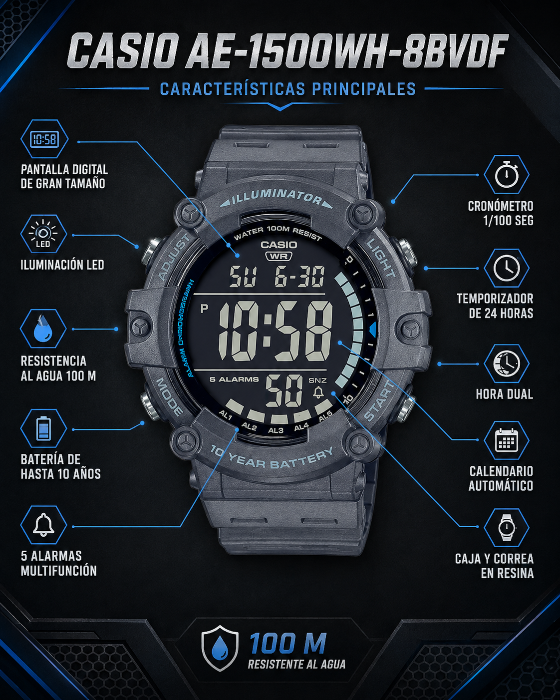 RELOJ CASIO DIGITAL PARA HOMBRE AE-1500WH-8BVDF GRIS OSCURO