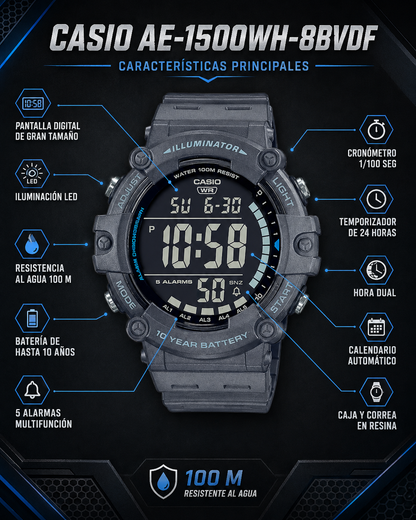 RELOJ CASIO DIGITAL PARA HOMBRE AE-1500WH-8BVDF GRIS OSCURO