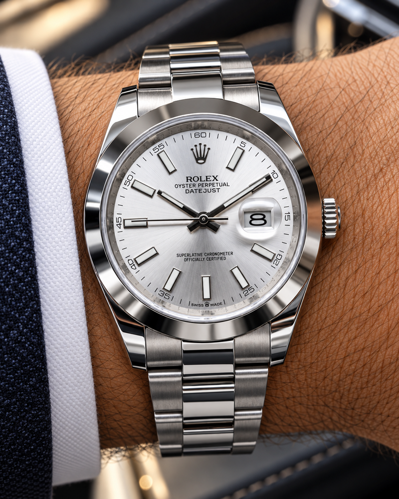 ROLEX DATEJUST CABALLERO 41 MM – ESFERA PLATEADA, BISEL LISO Y BRAZALETE OYSTER