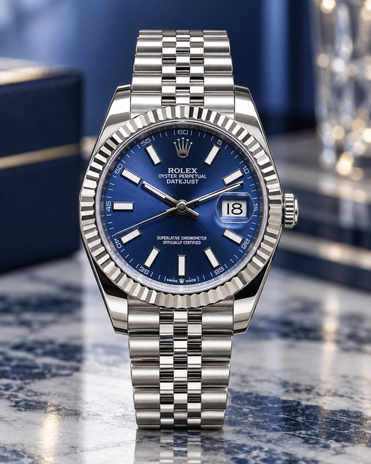 ROLEX DATEJUST 36 MM – ESFERA AZUL, BISEL ESTRIADO Y JUBILEE