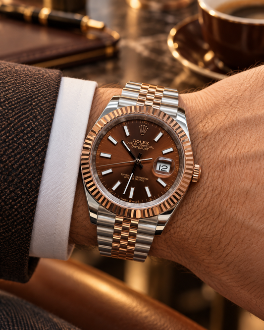 ROLEX DATEJUST 41 MM – ESFERA CHOCOLATE, BISEL ESTRIADO Y BRAZALETE JUBILEE BICOLOR