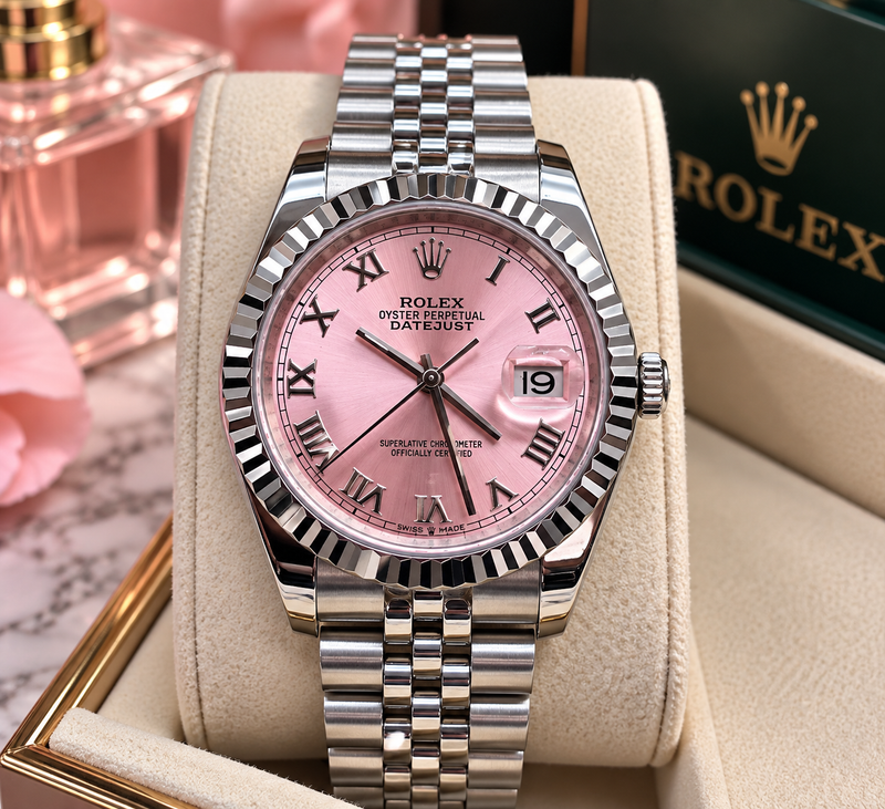 ROLEX DATEJUST 36 MM – ESFERA ROSA CON NÚMEROS ROMANOS, BISEL ESTRIADO Y JUBILEE