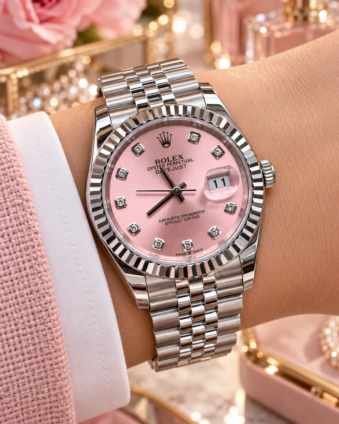 ROLEX DATEJUST 36 MM – ESFERA ROSA CON ÍNDICES TIPO DIAMANTE, BISEL ESTRIADO Y JUBILEE