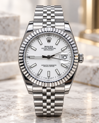 ROLEX DATEJUST 36 MM – ESFERA BLANCA, BISEL ESTRIADO Y JUBILEE