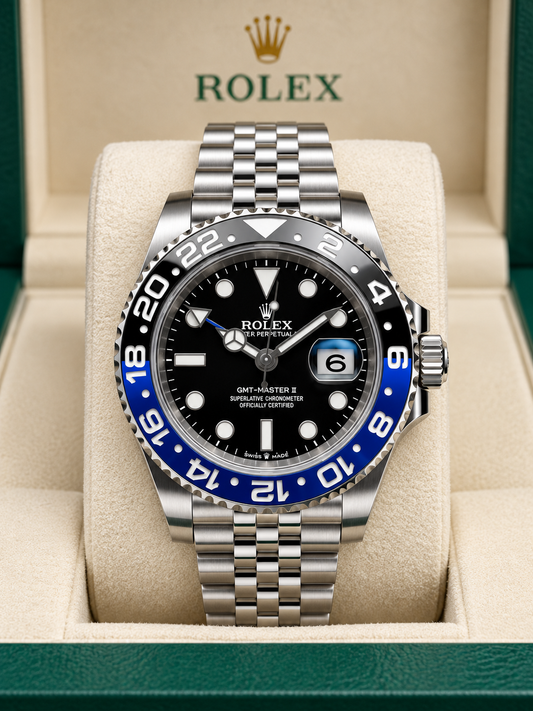 ROLEX GMT-MASTER II – ESFERA NEGRA, BISEL NEGRO Y AZUL “BATMAN” Y BRAZALETE JUBILEE
