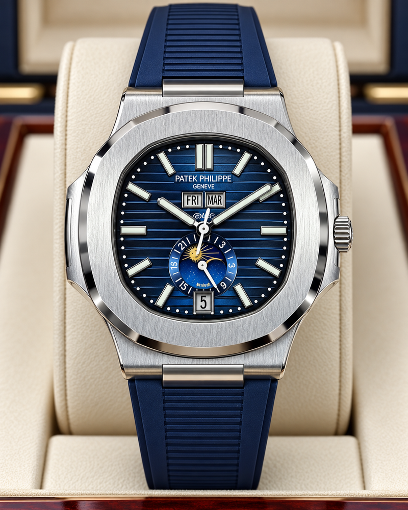 PATEK PHILIPPE NAUTILUS – ESFERA AZUL, FASE LUNAR Y CORREA DE CAUCHO AZUL