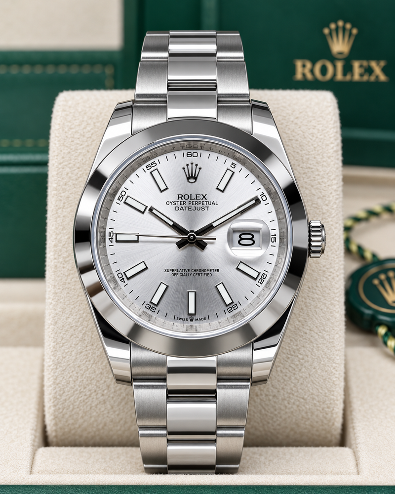 ROLEX DATEJUST CABALLERO 41 MM – ESFERA PLATEADA, BISEL LISO Y BRAZALETE OYSTER