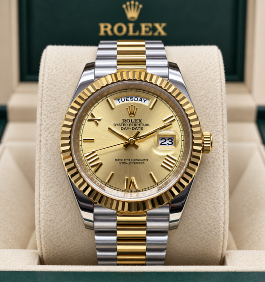 ROLEX DAY-DATE 40 MM – ESFERA DORADA, BISEL ESTRIADO Y BRAZALETE BICOLOR