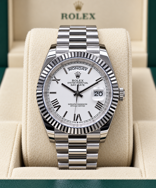 ROLEX DAY-DATE 40 MM – ESFERA BLANCA, BISEL ESTRIADO Y BRAZALETE PRESIDENT