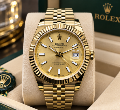 ROLEX DATEJUST 41 MM – ESFERA DORADA, BISEL ESTRIADO Y BRAZALETE JUBILEE