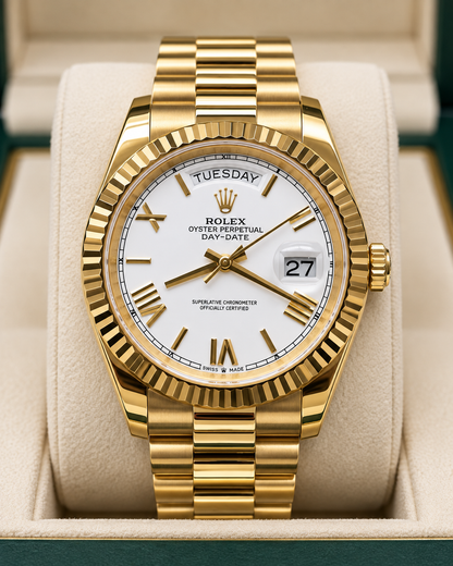 ROLEX DAY-DATE 40 MM – ESFERA BLANCA, BISEL ESTRIADO Y ACABADO DORADO