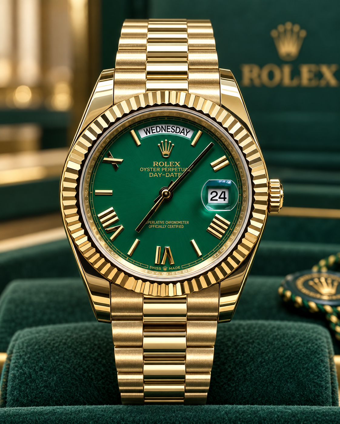 ROLEX DAY-DATE 40 MM – ESFERA VERDE, BISEL ESTRIADO Y ACABADO DORADO