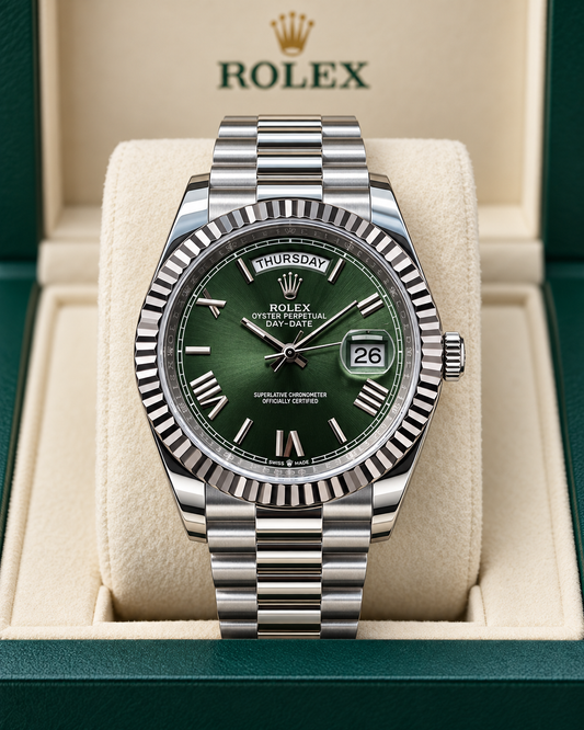 ROLEX DAY-DATE 40 MM – ESFERA VERDE, BISEL ESTRIADO Y BRAZALETE PRESIDENT