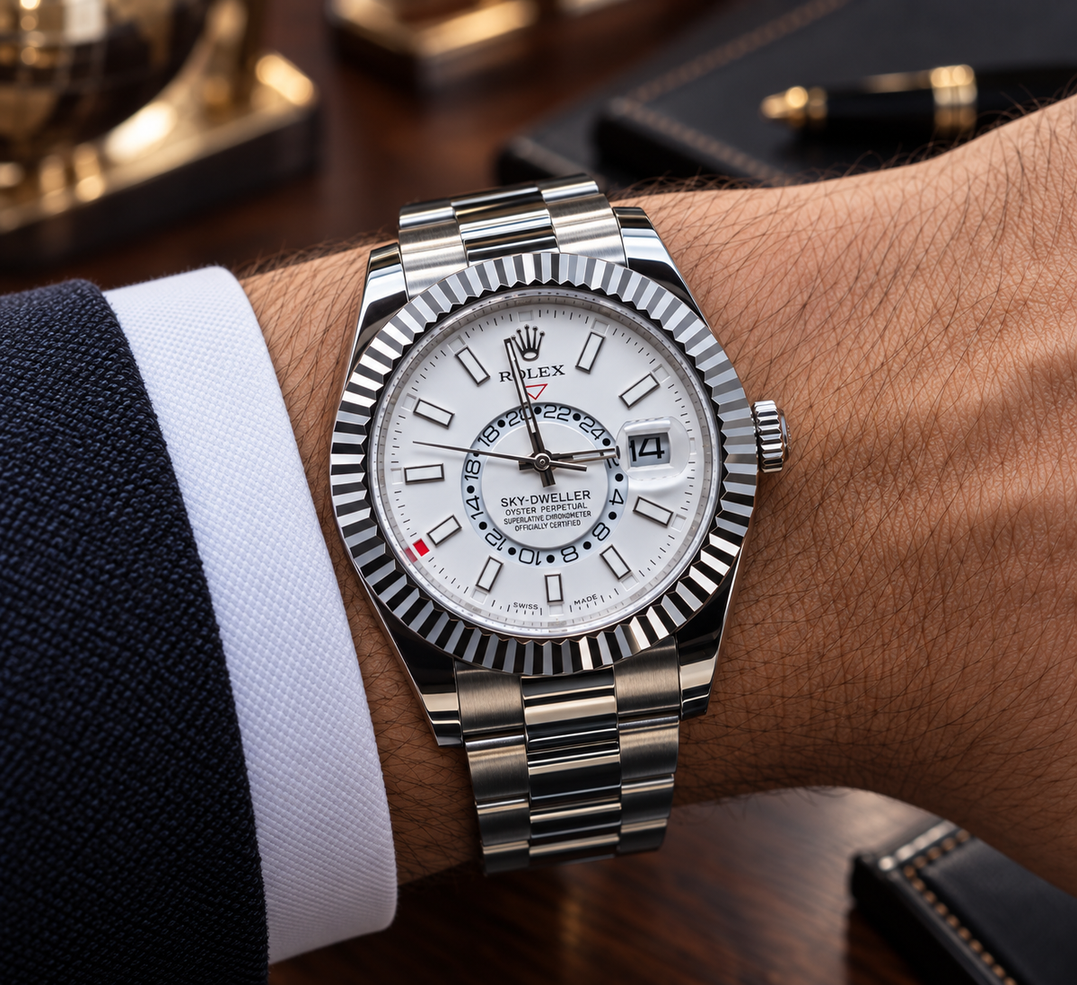 ROLEX SKY-DWELLER – ESFERA BLANCA, BISEL ESTRIADO Y BRAZALETE OYSTER