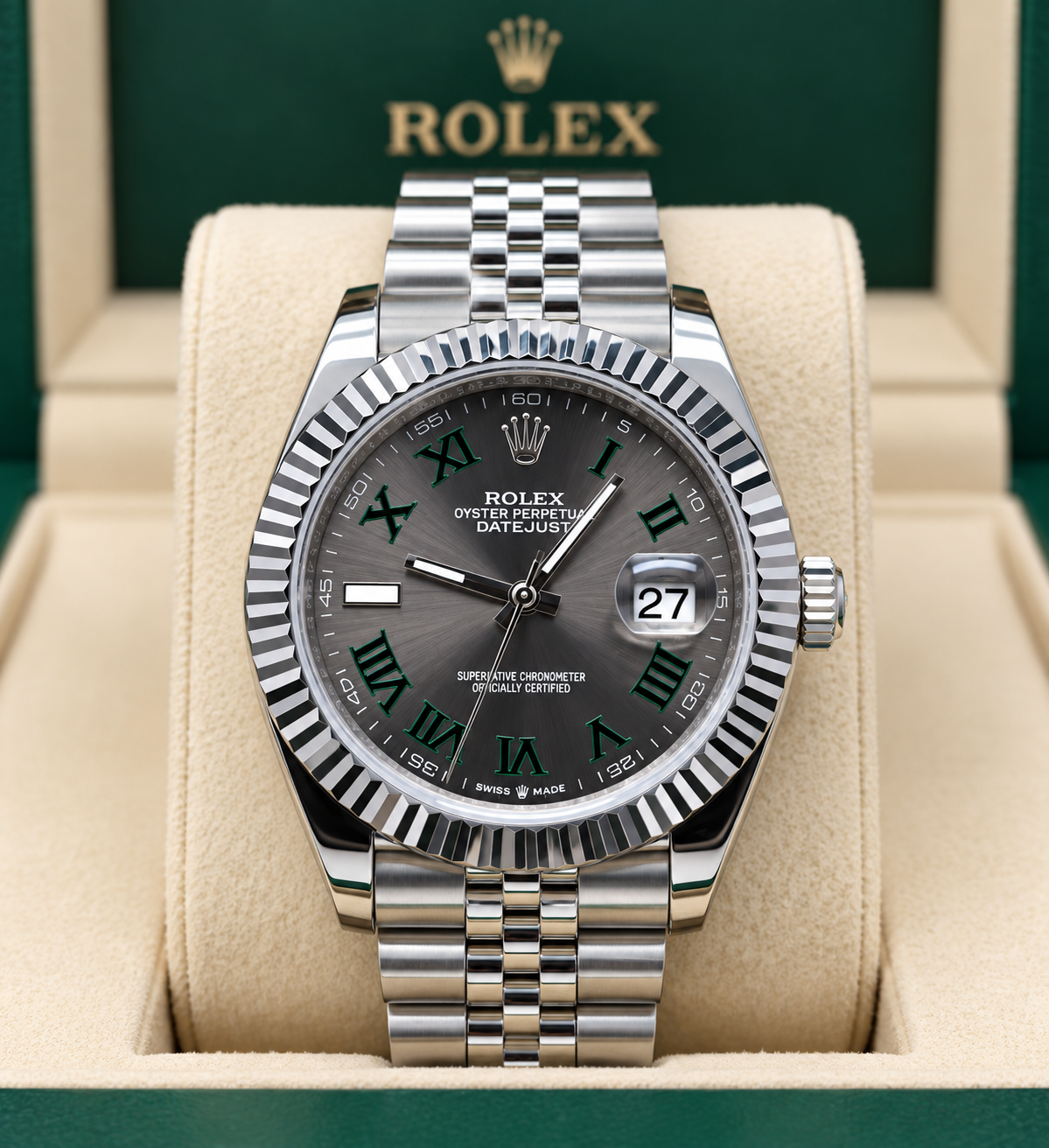ROLEX DATEJUST 41 MM – ESFERA WIMBELDOM CON NÚMEROS ROMANOS VERDES, BISEL ESTRIADO Y BRAZALETE JUBILEE