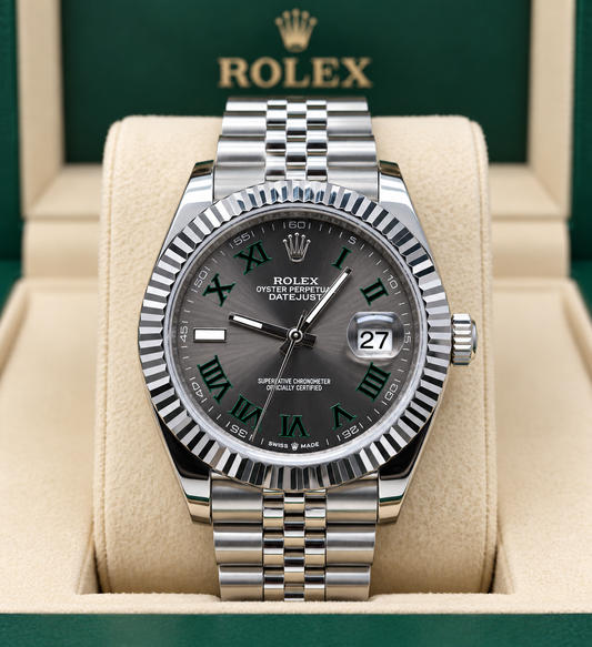 ROLEX DATEJUST 41 MM – ESFERA WIMBELDOM CON NÚMEROS ROMANOS VERDES, BISEL ESTRIADO Y BRAZALETE JUBILEE
