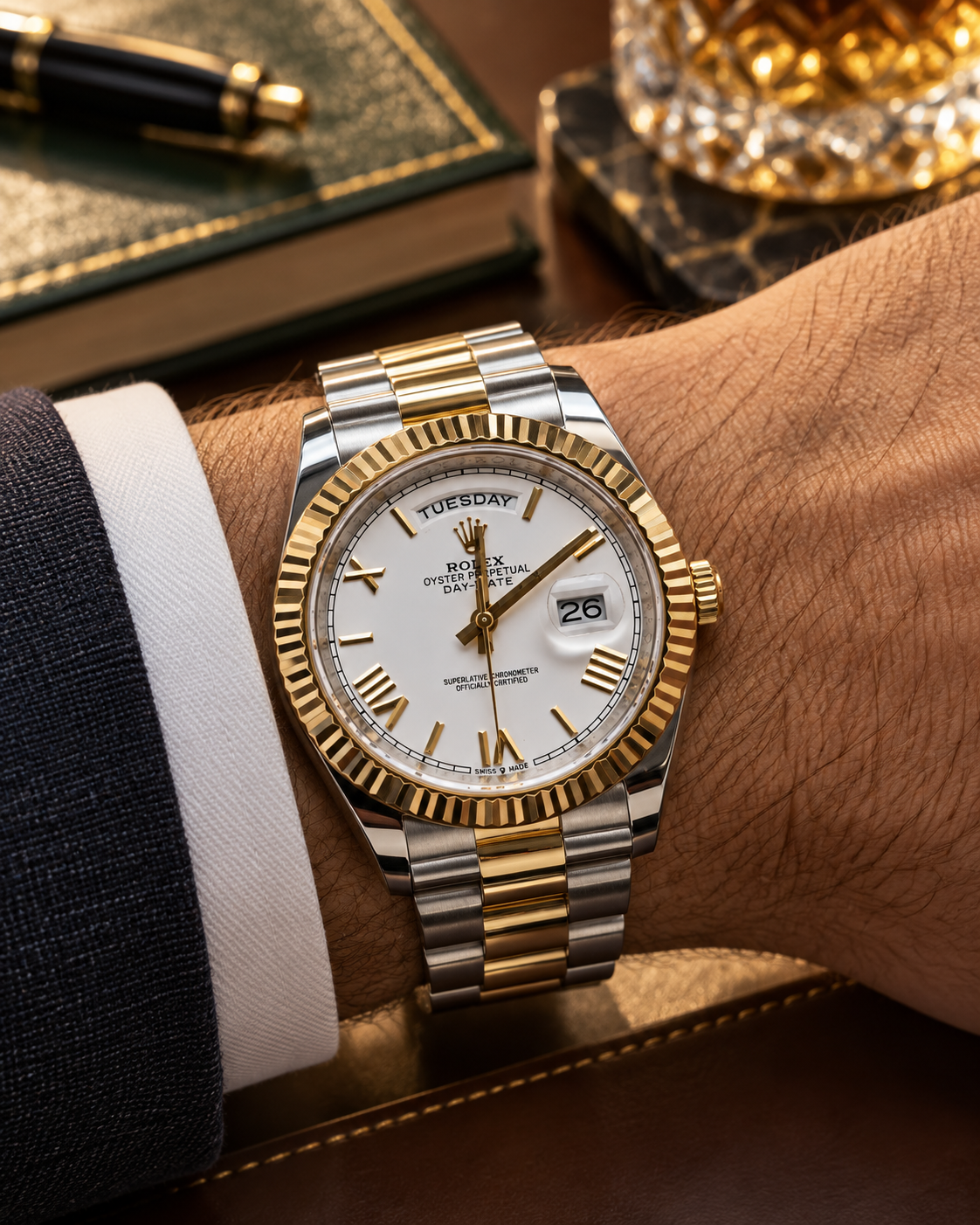 ROLEX DAY-DATE 40 MM – ESFERA BLANCA, BISEL ESTRIADO Y BRAZALETE BICOLOR