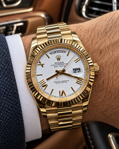 ROLEX DAY-DATE 40 MM – ESFERA BLANCA, BISEL ESTRIADO Y ACABADO DORADO