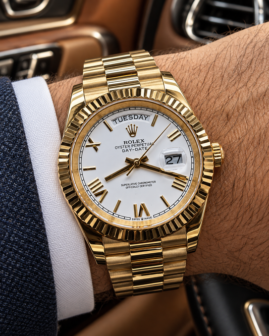 ROLEX DAY-DATE 40 MM – ESFERA BLANCA, BISEL ESTRIADO Y ACABADO DORADO