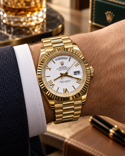ROLEX DAY-DATE 40 MM – ESFERA BLANCA, BISEL ESTRIADO Y ACABADO DORADO