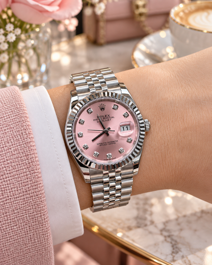 ROLEX DATEJUST 36 MM – ESFERA ROSA CON ÍNDICES TIPO DIAMANTE, BISEL ESTRIADO Y JUBILEE
