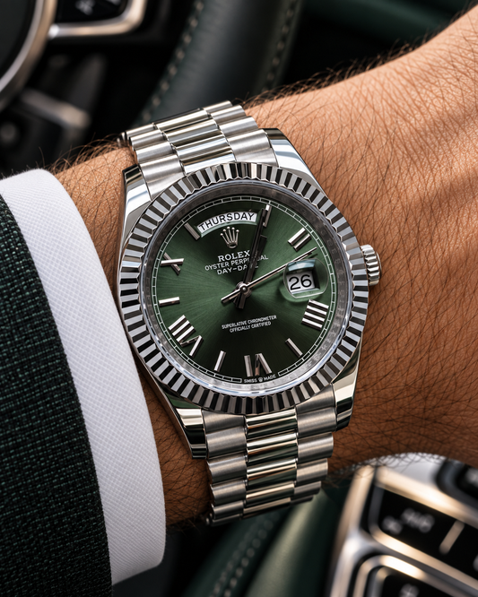 ROLEX DAY-DATE 40 MM – ESFERA VERDE, BISEL ESTRIADO Y BRAZALETE PRESIDENT