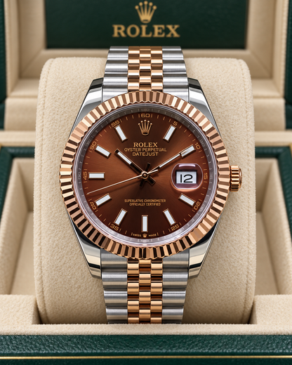 ROLEX DATEJUST 41 MM – ESFERA CHOCOLATE, BISEL ESTRIADO Y BRAZALETE JUBILEE BICOLOR