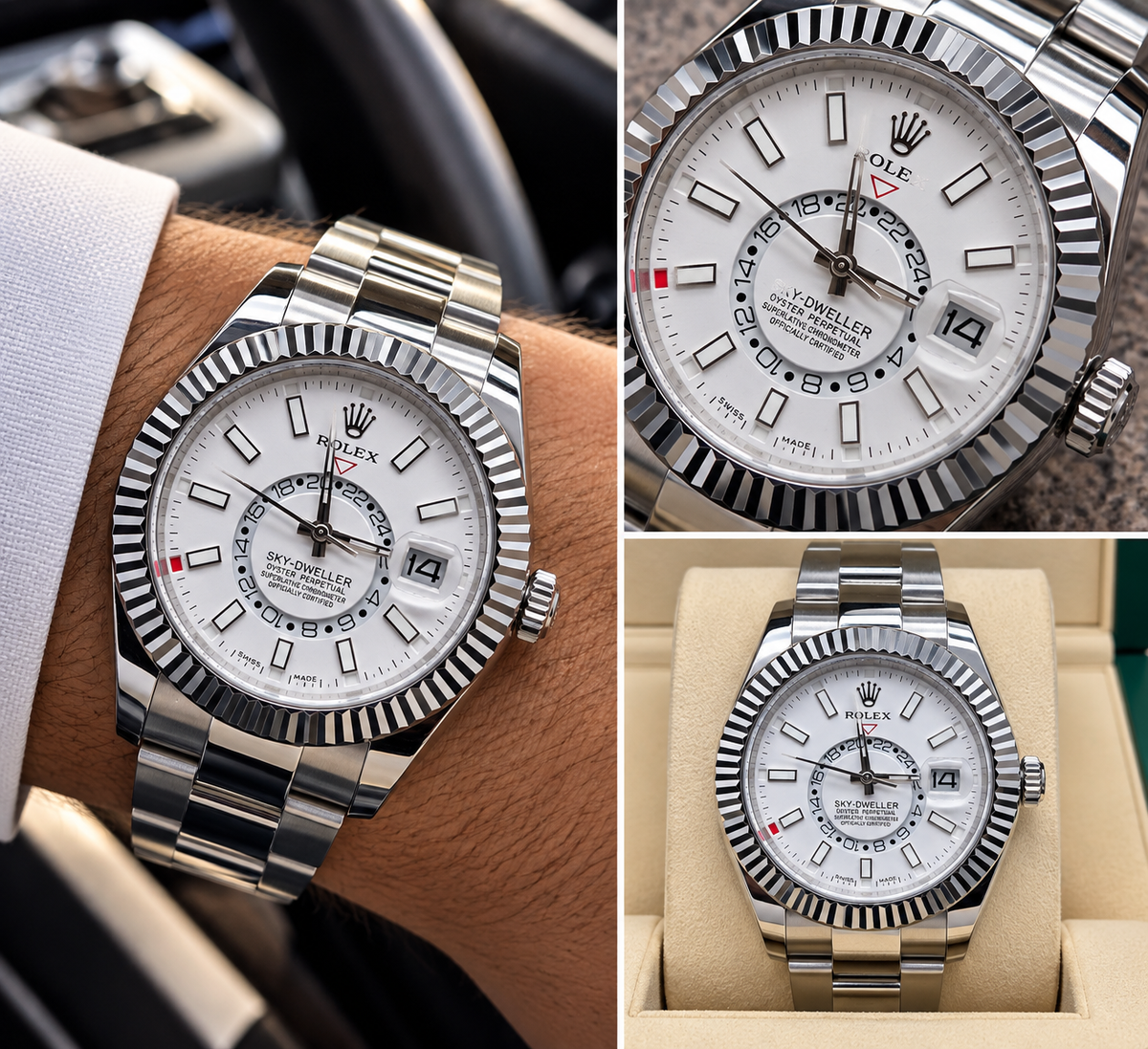 ROLEX SKY-DWELLER – ESFERA BLANCA, BISEL ESTRIADO Y BRAZALETE OYSTER
